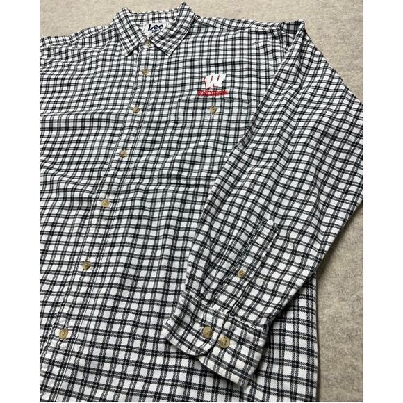 VTG Lee Sport Wisconsin Badgers Flannel Shirt XL Black White Check Cotton - Picture 3 of 6